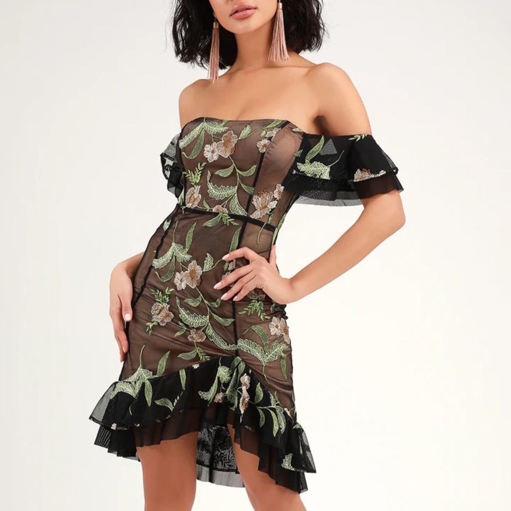 Ryse The Label Makayla Black Floral Embroidered Off-the-Shoulder Dress